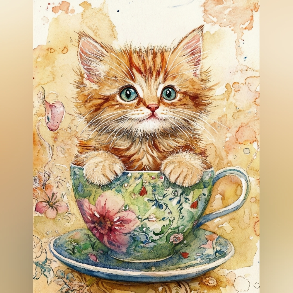 Adorable Kitten in Floral Teacup Art Print